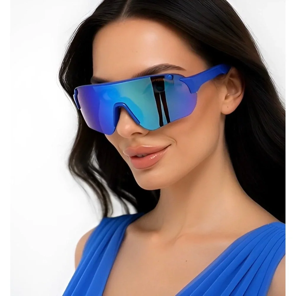 Elegant Sunglasses Visor Cycling Running Women Fashion Blue Mirrored Lens Shield